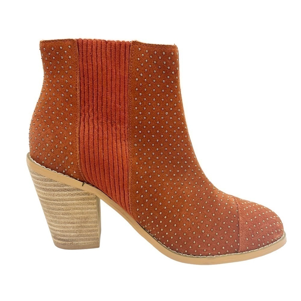 Anthropologie Faux Suede Gold Studded Stack Heel Pull On Boots Rust Orange 6.5 - Picture 3 of 11